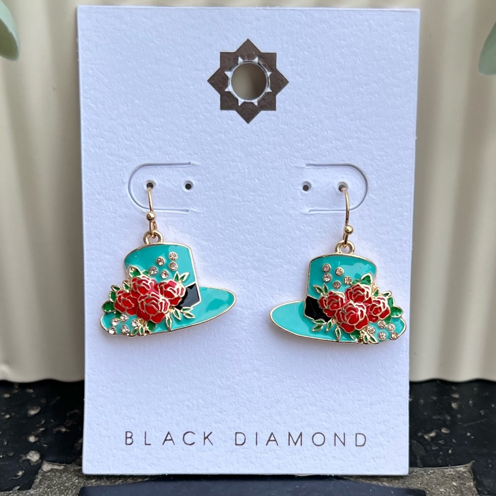Black Diamond Turquoise Hat Earrings with Red Rose Accents